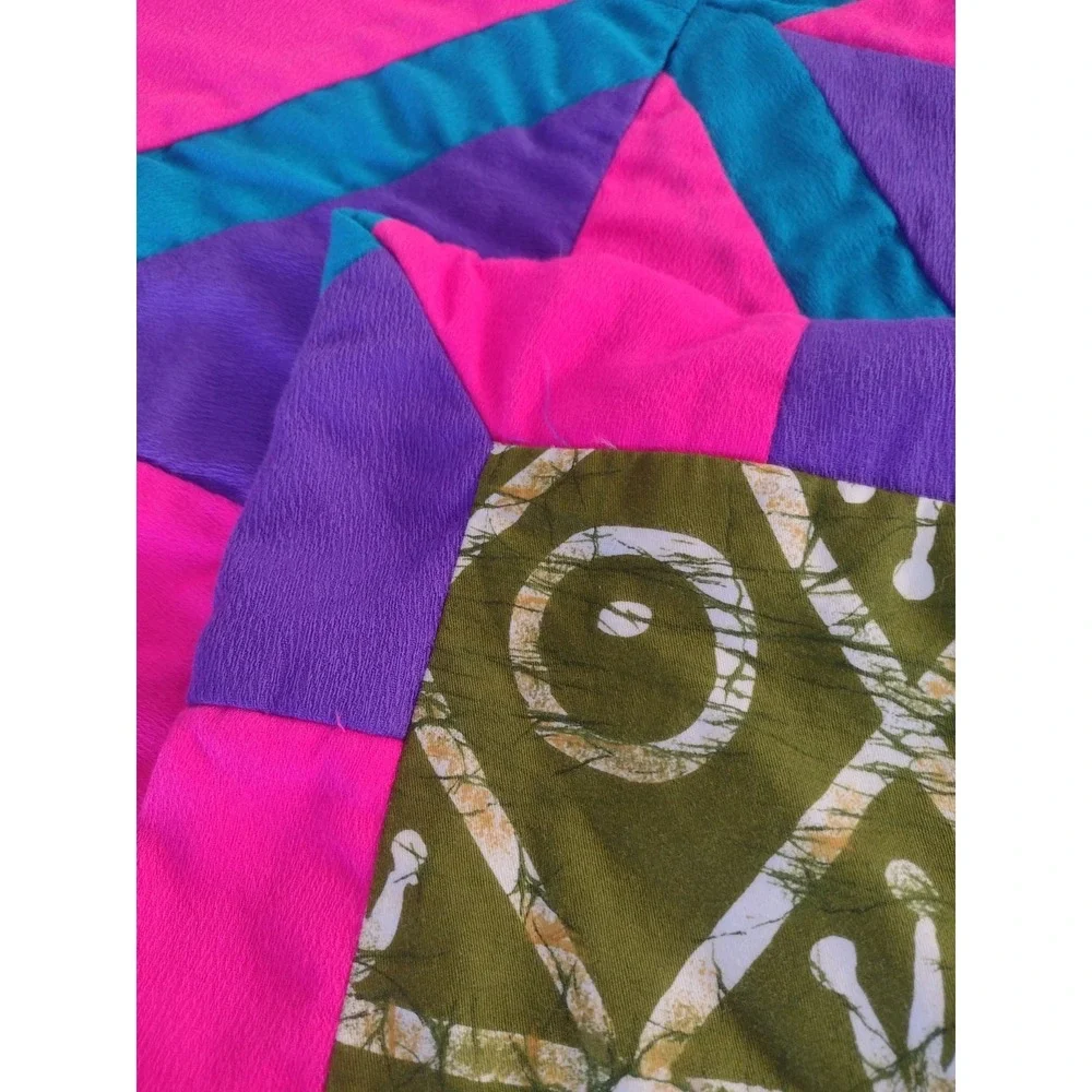 Vtg Neon 70s Cutter Quilt Blanket Handmade Solid Pink Purple Turquoise 60x60